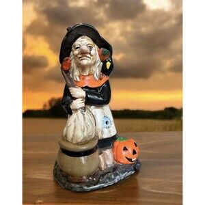 Vintage Witch Candle Holder Tea Candle Figurine Ceramic Halloween Pumpkin 9.5”